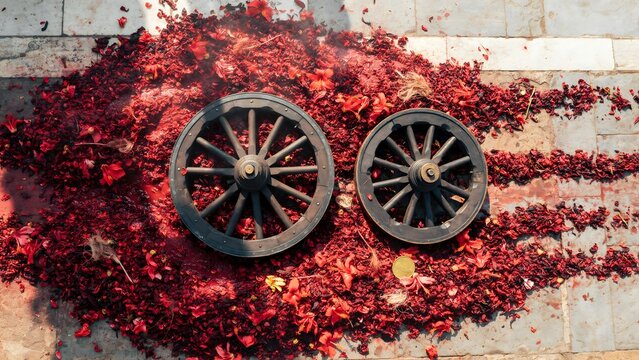 Decorative black wagon wheels on vibrant red flower petals arrangement on stone pavement