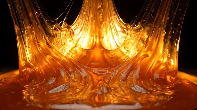 Molten Caramel Flowing and Dripping From a Spoon, Showcasing a Viscous, Glossy Texture in a Looping Motion. with Liquid