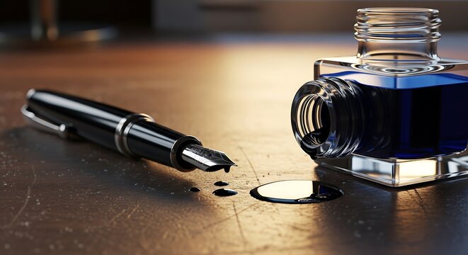 Fountain pen and blue ink bottle with a dark liquid spill on a wooden desk with cinematic lighting