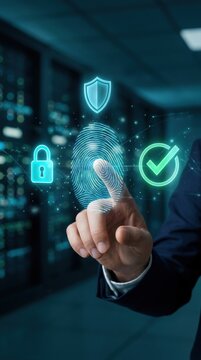 A business person touching a holographic fingerprint scanner interface in a server room. Advanced biometric security system and digital identity verification. Modern cybersecurity technology.