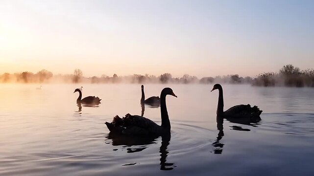 Black Swans Gracefully Swimming Across a Tranquil Lake with a Soft Sunrise Glow. Gentle Water Ripples and Reflective Light Create a Serene Atmosphere.