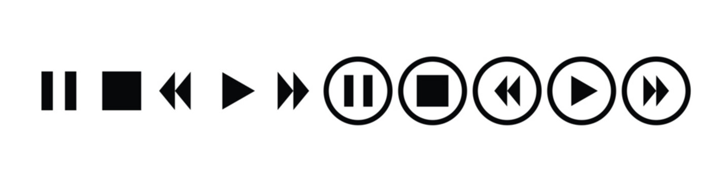Media Player Control Vector Icon Collection. Play, Pause, Stop, Fast Forward, and Rewind Buttons in Plain. Circular Outline Styles. pause icon, stop button, fast forward icon, rewind icon,