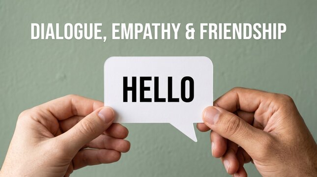 Two hands holding a white rectangular speech bubble with the black text h e l o against a muted sage green background with the white text d i a l o g u e m p a t h y a n d f r i e n d s h i p at the