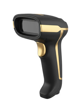 Black and gold handheld barcode scanner in use isolated on transparent background