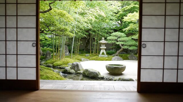 Japanese Garden View Through Shoji Screens Slowly Revealing a Tranquil Landscape. Zen Garden, Peaceful Scenery, and Traditional Architecture.