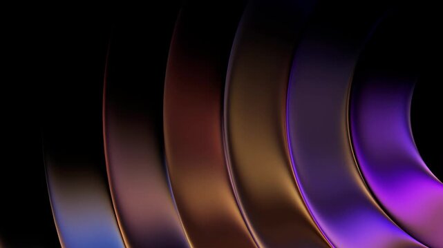 3D Glass gradient Curved Ribbed Panels Wave Seamless Loop Video, Abstract Futuristic Amber Violet Motion Graphics, Glowing Metallic Refraction Animation &ndash; Close-up view of curved fluted glass slabs