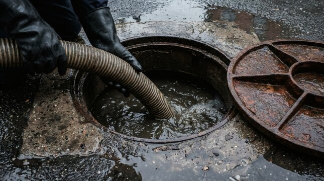 Close-up of industrial worker in protective gloves using a corrugated hose to pump dirty sewage water from an open manhole on a wet urban street for drainage maintenance.