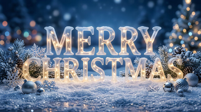 Illuminated merry christmas text with blurred holiday background