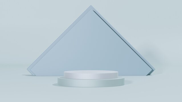Clean Blue 3D Circular Podium Stage with Geometric Triangle Backplate for Product Presentation