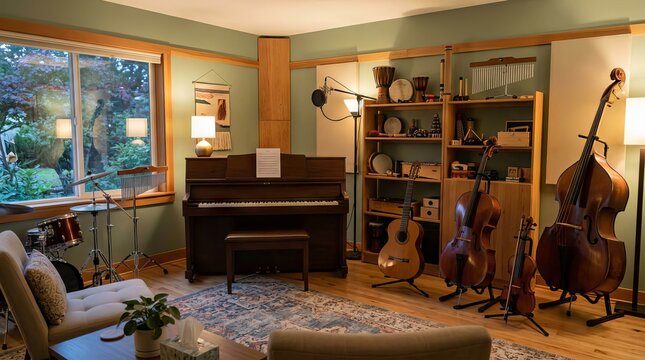 Cozy music studio interior with piano and string instruments in daylight and wooden furniture