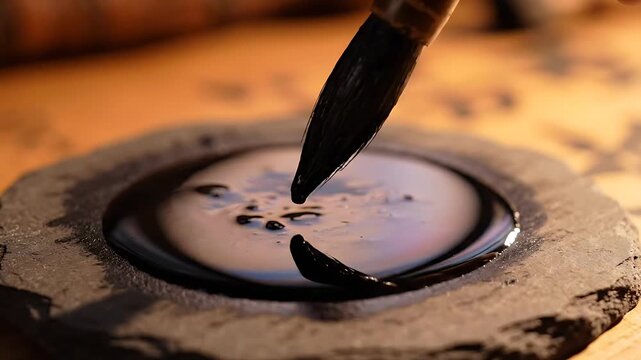 Ink Dripping From Brush Into Stone Circle, Creating Swirling Patterns. Slow Motion Footage of Traditional Calligraphy Process.