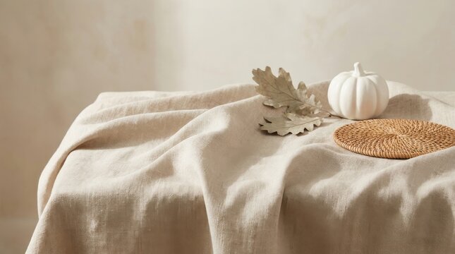 Minimalist Seasonal Styling: Beige linen fabric arranged elegantly beneath a small collection of understated autumn accessories