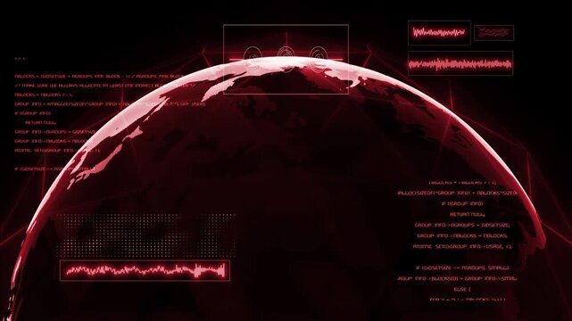 Animated red color global connection lines network data transfer satellite communication with data analytics dashboard display infographics hi tech design black technology background
