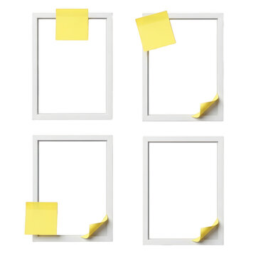 Four white rectangular frames with yellow sticky notes on black