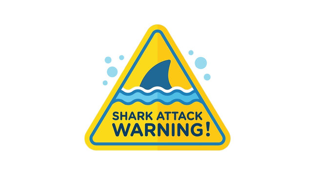 Shark attack warning sign a triangular yellow illustration with blue details