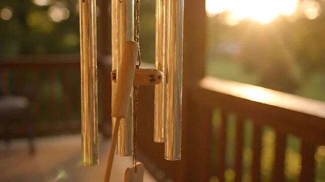 Wind Chimes Gently Swaying in Warm Sunlight, Creating a Peaceful and Calming Atmosphere. Golden Hour Bokeh Background.