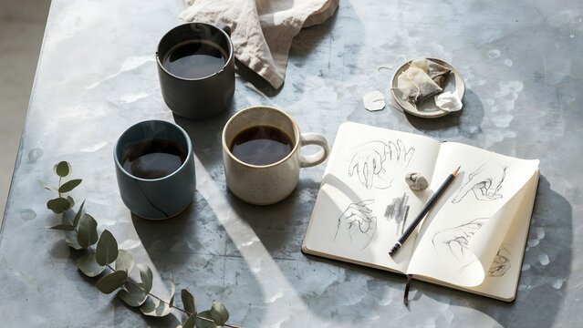 Minimalist workspace with art supplies and coffee cups on textured surface