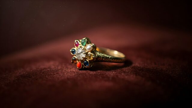 Elegant vintage ring with colorful gemstones on dark velvet background
