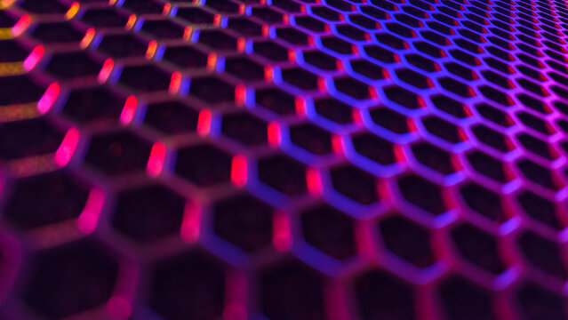 Hexagonal grid of glowing red, blue and purple neon lights suggesting advanced technology, interconnected digital networks, AI structure and futuristic cyberspace energy