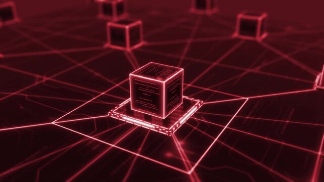Animated red color networking and neural connection with data processing units data, quantam computing flow and glowing circuit board hi tech design black technology 3D background