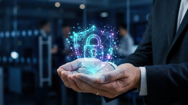 Businessman holding a glowing quantum security icon and cryptographic shield in hands. Advanced cybersecurity protection for modern data networks and encryption systems. Digital safety infrastructure.