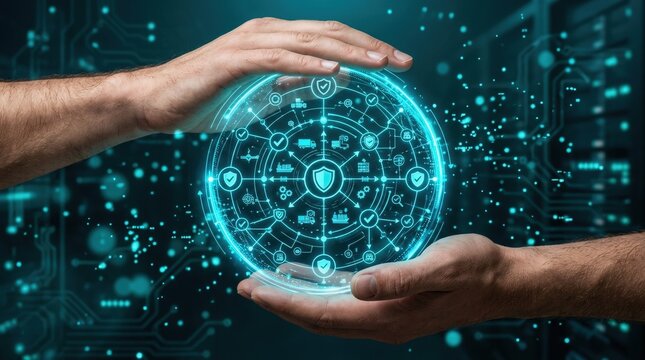 Hands holding a glowing digital supply chain network sphere with logistics and security icons inside. Modern global transport management technology. Secure data transfer and freight tracking system.