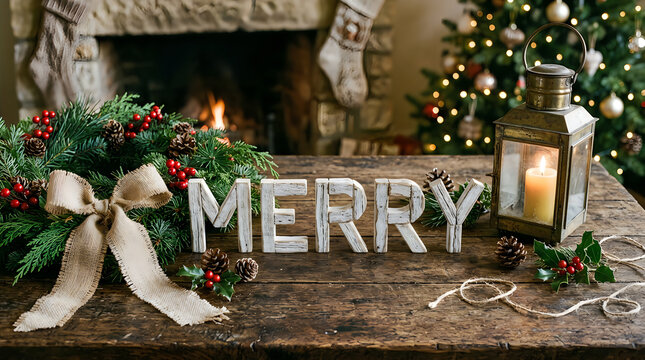 Festive christmas scene with fireplace and merry sign