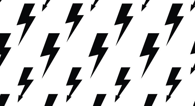 High contrast diagonal seamless pattern with bold black lightning bolt flashes over a pure white background.
