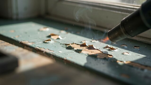 Close-up of a soldering iron heating paint chips on a windowsill during renovation