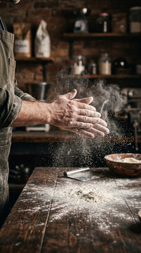 Vertical perspective of baker clapping hands together creating a dramatic white flour cloud over wooden kitchen counter.