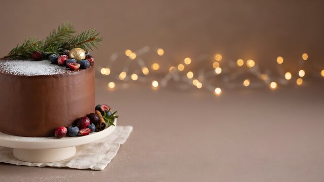 Delicious chocolate christmas cake decorated with fresh berries and pine branches on a festive background