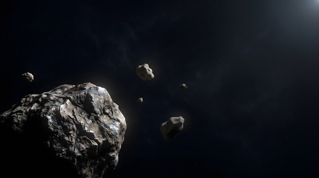 Astroid belt exploration with multiple rocky space debris floating through the dark cosmic void and distant starlight