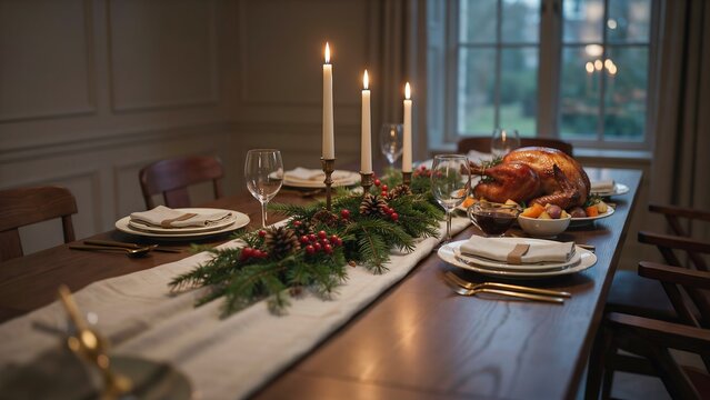 Festive christmas dining table decorated with candles evergreen branches and a roasted thanksgiving turkey dinner