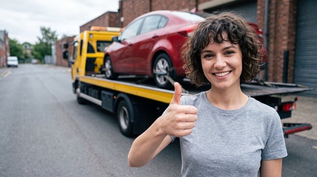Happy female driver showing thumbs up in front of flatbed tow truck carrying red broken car, demonstrating quick automotive insurance assistance service and hassle-free vehicle breakdown claim.