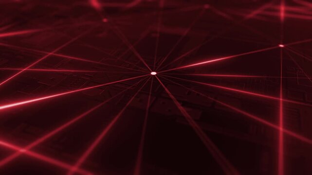 Animated red color glowing global connection lines network data transfer neural network satellite communication binary data hi tech design black technology background