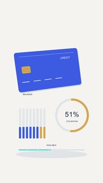 Credit utilization animation, blue credit card with usage ring climbing from 19 to 87 percent as available credit drops, vertical infographic