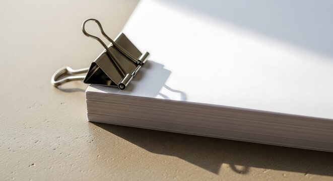 Black binder clip on stack of clean white paper sheets with harsh sunlight shadows on minimalist desk