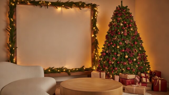 Festive christmas living room interior with decorated tree gift boxes and empty wooden picture frame template