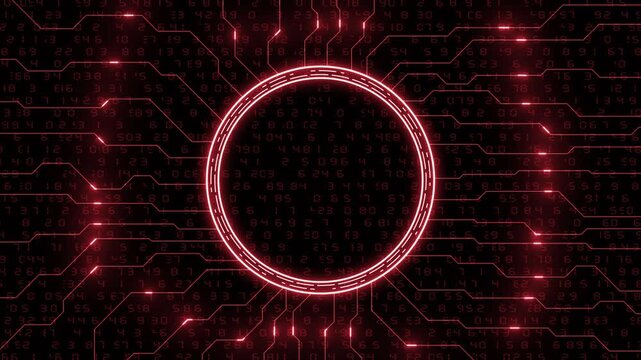 Animated red color networking and connection with glowing circuit board with bank center hi tech design black technology 3D background for logo reveal and business purpose