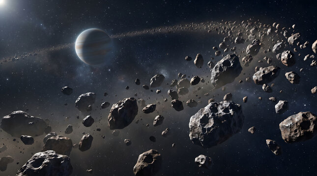 A astroid belt with huge floating rocks and distant glowing planet in deep space with glowing stars and cosmic dust