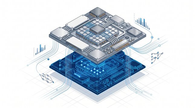 High-end isometric vector illustration of a layered quantum processor with polished hardware components, glowing qubit patterns and a detailed electric-blue digital twin. Connected data streams visual