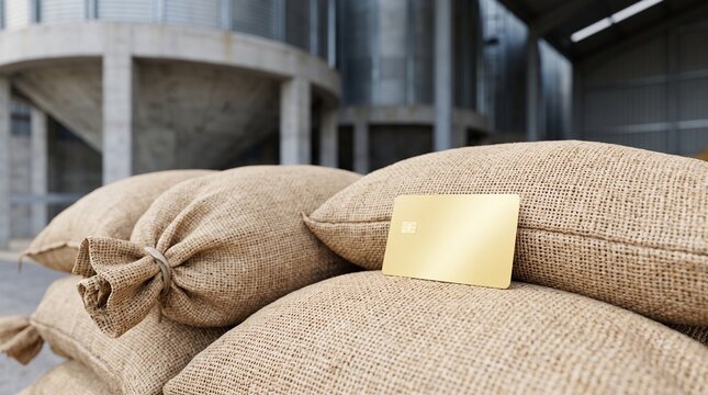 Gold credit card lying on burlap grain sacks at agricultural silo facility illustrating crop harvest storage finance agribusiness credit grain export trade and agricultural logistics loan