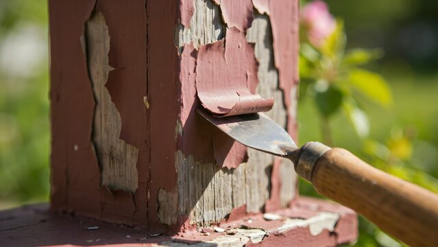 Close-up of paint scraper removing peeling pink paint from weathered wooden post