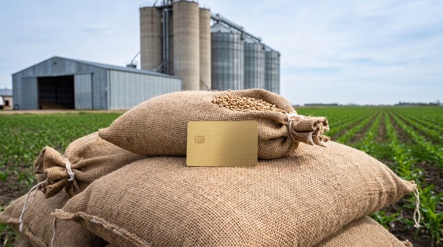 Gold credit card on burlap sacks filled with wheat grain in green field with silos representing agricultural banking farm investment crop storage financing agribusiness loan and trade credit