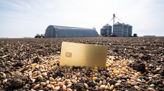 Gold credit card placed in fertile soil with grain seeds in field near silos representing agricultural seed capital farm loan growth rural development investment and agribusiness banking