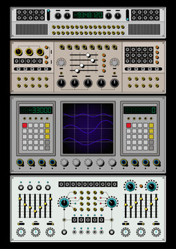 1980s Synthesizer Audio System Cabinet Modules, Vintage Sound Technologies, Classic Analogue Input, Output, Knobs and Buttons