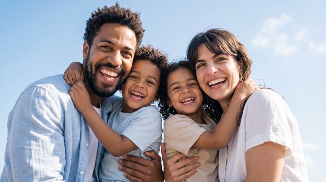 Happy multiethnic family hugging outdoor under blue sky, representing family financial security, life insurance coverage, mortgage loan approval, health protection and future savings plan.