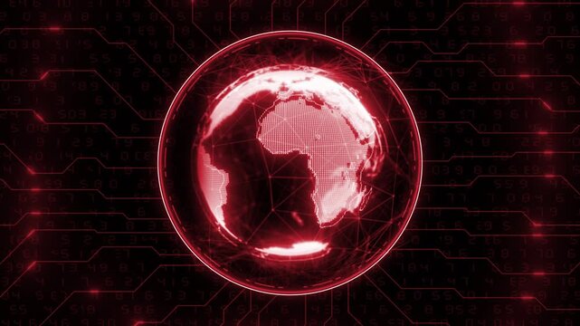 Animated red color glowing globe HUD UI data transfer with binary code futuristic design black technology background