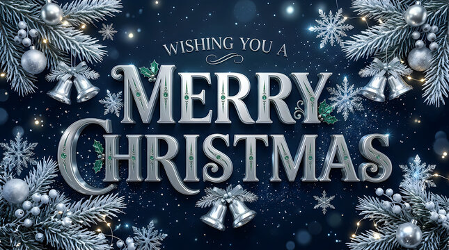 Elegant silver merry christmas typography with festive decorations