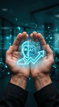 Cupped hands holding glowing workforce skills and artificial intelligence icon with upward growth arrow. Professional talent development and digital transformation concept in modern technology sector.